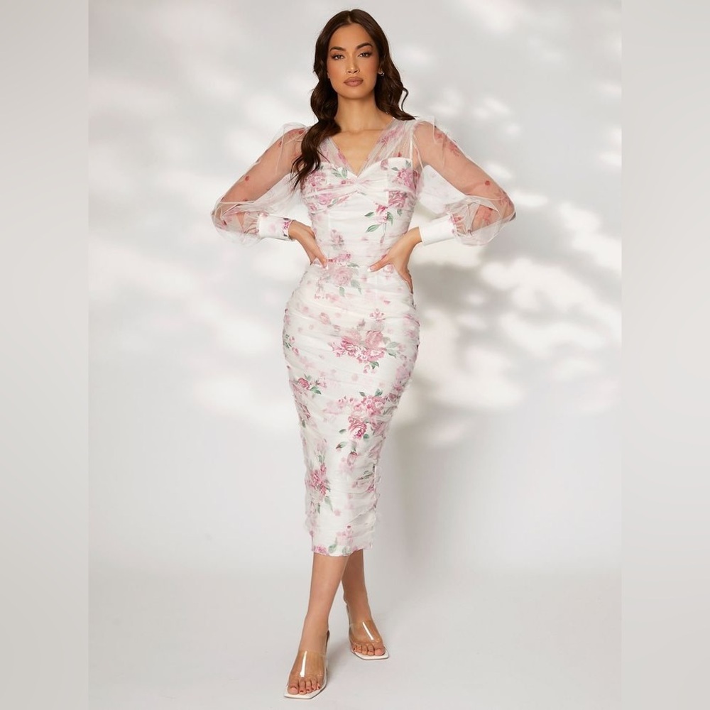 Pink and Cream Floral Long Sleeve Dress